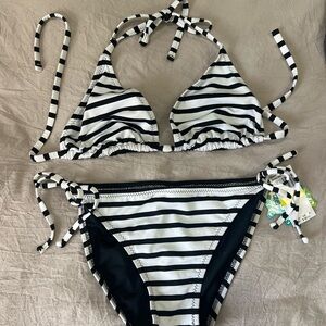 BECCA Swim Black and White Striped Tie-Side Bikini Bottom